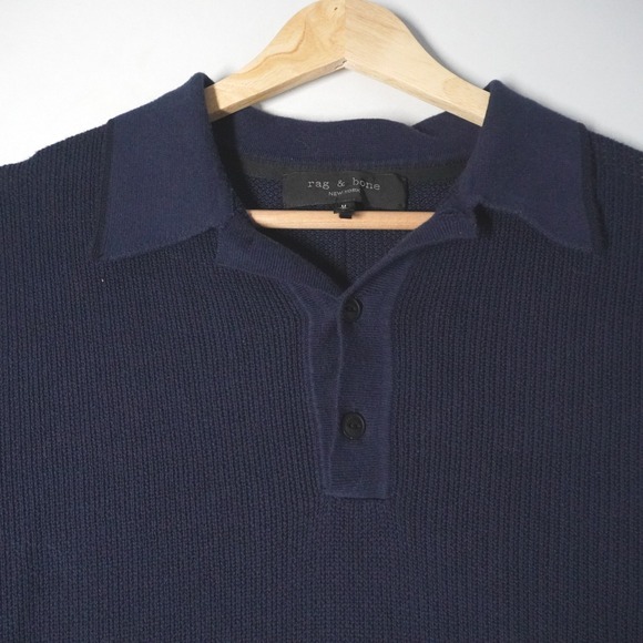 Rag Bone Men Navy Blue Ribbed Knit Short Sleeve Polo Shirt Size M Preppy Europe - Picture 2 of 9